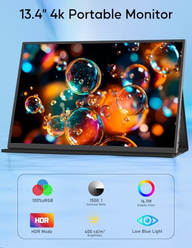 Image of 4K Portable Monitor, 13.4 inch 3840 * 2400 IPS Portable Monitor for Laptop, Slim Lightweight HDR Travel Screen USB-C HDMI w /Smart Cover for Laptop PS5 /4 Xbox
