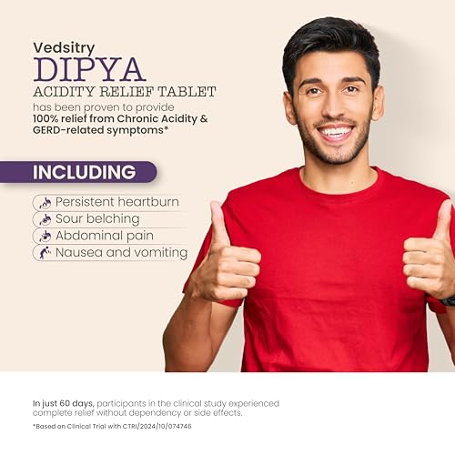 Dipya Acidity Relief Tablet | Clinically Proven to Give 100% Relief from Acidity & GERD in 60 Days | Ayurvedic Solution for Chronic Acidity, Heartburn, Bloating, Gas & Acid Reflux | Supports Healthy Digestion - 60 Tablets (Pack of 1)