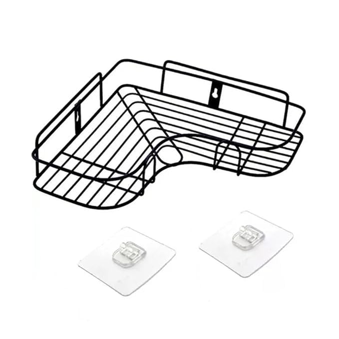 Wall Mounted Bathroom Corner Shelf, Metal, Black Matte Finish, 26 x 8 cm, with 4 Hooks, Self-Adhesive Installation-image-28