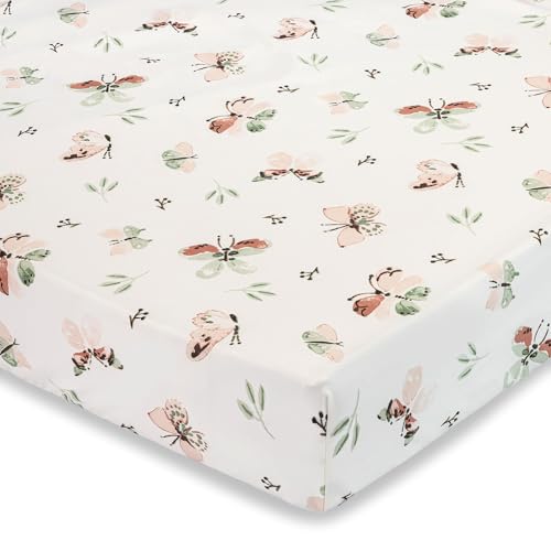 Image of Crane Baby Crib Sheet - 100% Cotton, Breathable Fitted Sheet for Standard Crib Mattress (28"x 52"), Butterfly Pattern for Boys and Girls