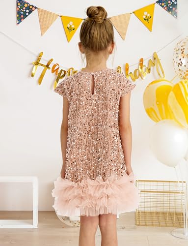 Happy Cherry Sequin Dress for Kid Girls A-Line Sleeveless Sparkly Gown Party Dresses with Faux Fur Trim2