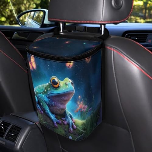 Image of Talayituse Butterfly Galaxy Frog Print Car Trash Bin, Large Size Auto Trash Can Adjustable Portable Garbage Can with Lid, Vehicle Hanging Bag for Headrest Front Back Seat