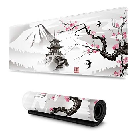 Japanese Cherry Blossom White Gaming Mouse Pad XL, Extended Large Mouse Mat Desk Pad, Stitched Edges Mousepad, Long Nonslip Rubber Base Mice Pad, 31.5 X 11.8 Inch Cover