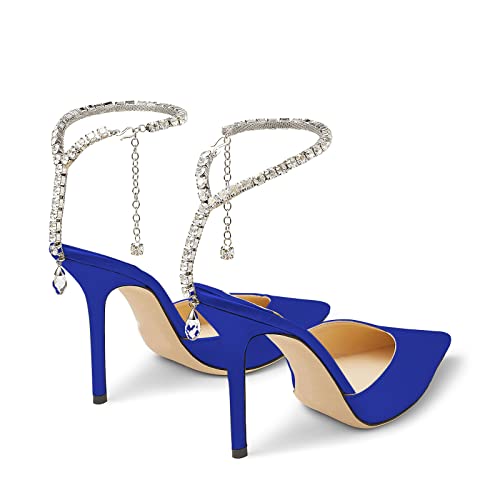 Image of LauraVicci Women's Heeled Sandals Crystal Chain Ankle Straps Rhinestones Buckle High Heels Stiletto Slip On Wedding Party Satin Dress Shoes