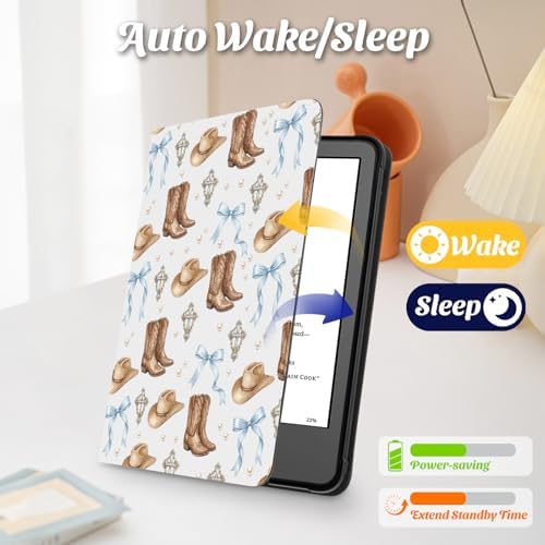 Idocolors Cute Case for 6" Kindle 11th Generation 2024/2022, Slim Foldable Stand PU Leather Shell Cover with Hand Strap, Auto-Wake/Sleep Protective Case for Women, Cowboy - 5