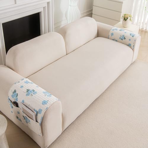 Image of HOMETHREADS Anti-Skid Sofa Protector Mat: Premium Printed Cotton Slipcover with Strong PVC Non-Slip Backing, (White Blue, 2Pc Armrest Mat | 50x75cm)
