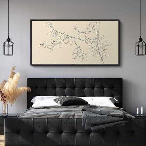 Image of MUDECOR Extra Large Framed Canvas Print Wall Art Simple Line Art Birds on Branch Botanical Minimalist Antique Retro Ready to Hang Painting for Living Room Bedroom Multi-Sizes - 60 inchx30 inch