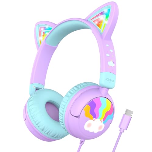iClever Kids Headphones USB C, LED Light Up, 85dBA Safe Volume, Stereo Sound Toddler Headphones for Travel School, Kids Headphone with Cord for iPad Tablets, Meow Lollipop-Purple Type C Plug
