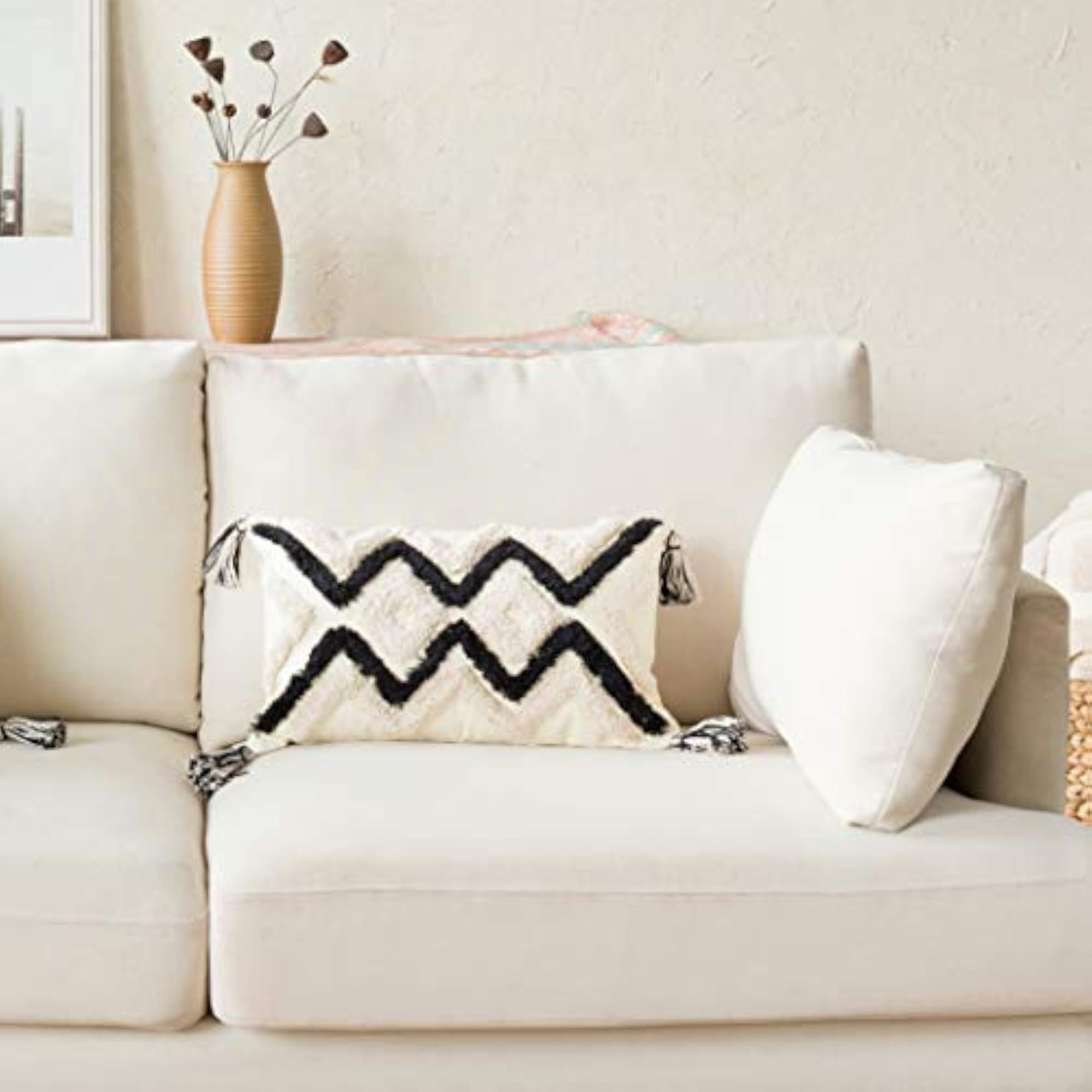 Woven Tufted Boho Lumbar Throw Pillow Cover, Geometric Design