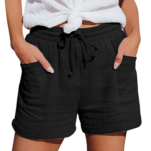 Short Lin Femme, Short Femme Ete Leger Chic Mode Gaze De Coton Lin Décontracté Bermuda Shorts Elastique Taille Haute Ample Plage Sport Running Vetement Jogging Pantalon Court Noir XL