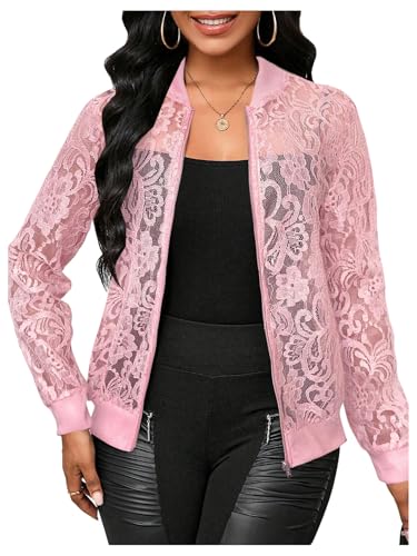 Amazon.com: OYOANGLE Women's Lace Long Sleeve Bomber Jacket Stand