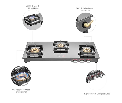 Image of Sujata Regal Manual Gas Stove 3 Burners Glass Top | 9 Years Warranty | Gas Stove with Jumbo Brass Burners | SABAF Technology | ISI Certified | LPG & PNG Compatible | 360 Rotating Brass Nozzle (Black)