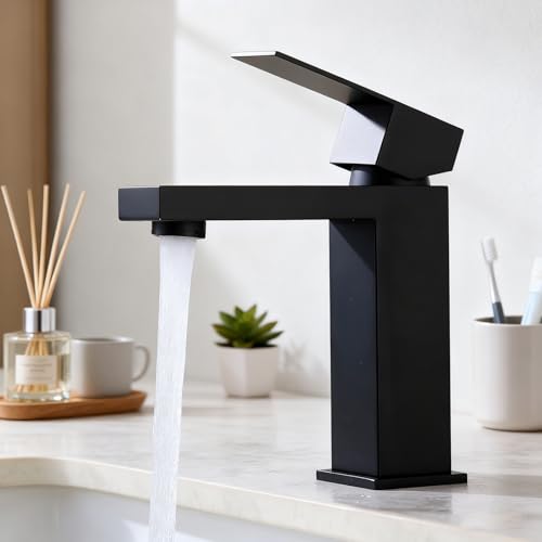 SevenGelok Black Bathroom Faucets One Hole Sink Faucet Single Handle 1 Hole Vanity SUS304 Stainless Steel Faucet for Bathroom Sink Matte Black Bathroom Faucet, SF3-BK