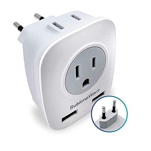 European Power Adapter (1 Pack) - w/ 2 USB Ports & 2 AC Outlets - USA to EU Outlet Plug - US to Europe Plug Adapter - Electrical Charger Travel Adapters for Europe - for Type F, E, C Charging
