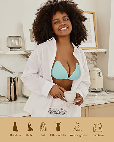 Niidor Adhesive Sticky Bra Pear-Shape Cup Strapless Invisible Reusable Bra With Nipple Covers For Women, Harbour Green,A #TOP4