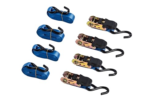 Ratchet Straps Tie Down 1,500 Lbs Break Strength, 15 Ft Heavy Duty Staps Motorcycle and Cargo on Car, Truck, Trailer - Soft Loop Straps, Car and Truck Accessories, Color Blue, Package of 4.