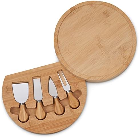 SA Products Bamboo Cheese Board Set - Round Wooden Platter, Swivel Cutlery Storage & 4 Cheese Steel Knives - Party & Picnic Serving Tray or Charcuterie Boards - Cheese Board Gift Set - 25x25x3.5cm