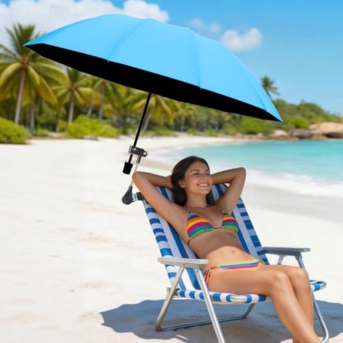 Beach Chair Umbrella with Clamp 360 Adjustable Clip On Umbrella for Camping Chair UPF 50+ UV Protection Sun Shade Portable Stroller Umbrellas for Travel Wheelchair Boat Patio Golf Cart (Sky blue)