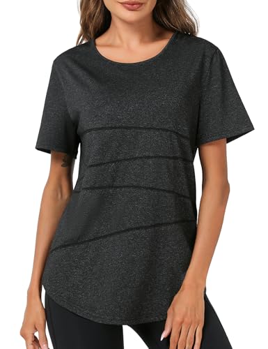 Terecey Sport T-Shirt Damen Fitness Yoga Shirt Damen Sportshirt Rundhalsausschnitt Funktionsshirt Kurzarm Oberteile für Gym Tennis Schwarz M