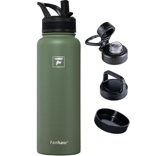 Fanhaw 40 oz Insulated Water Bottle – Stainless Steel Flask with 3 Lids (Straw, Spout, Carabiner) | Durable, Leakproof, for Hiking, Camping, Outdoor Adventures & Travel (Olive Green) by Fanhaw - Used condition - US$17.66