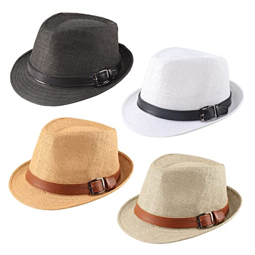Forwe 4 Pack Straw Fedora Hat For Men Women Short Brim Trilby Hat Classic Panama Summer Beach Sun Hat (B-02) #TOP20