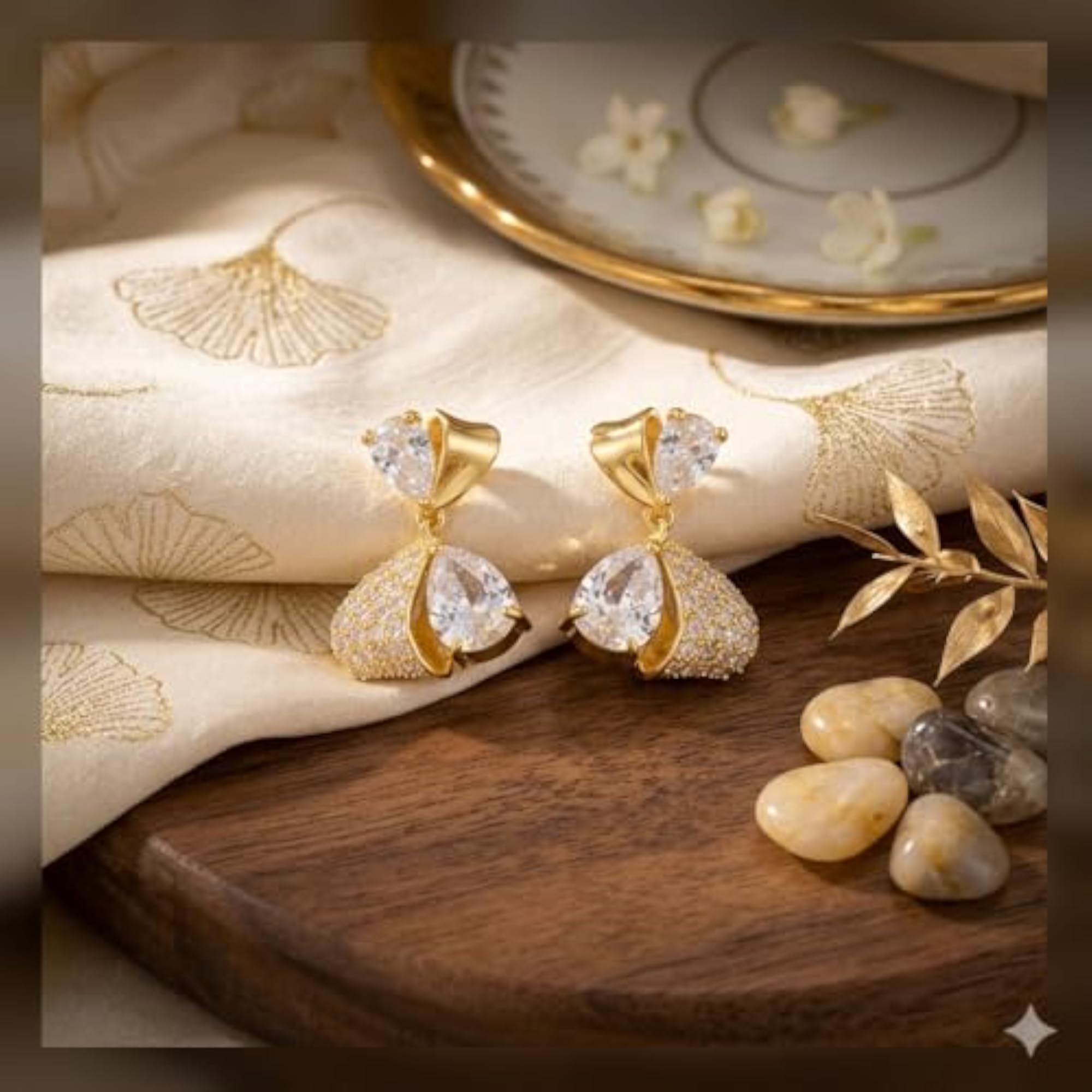 Women's Gold Plated Crystal Studded Drop Earrings, Elegant Party Dangler