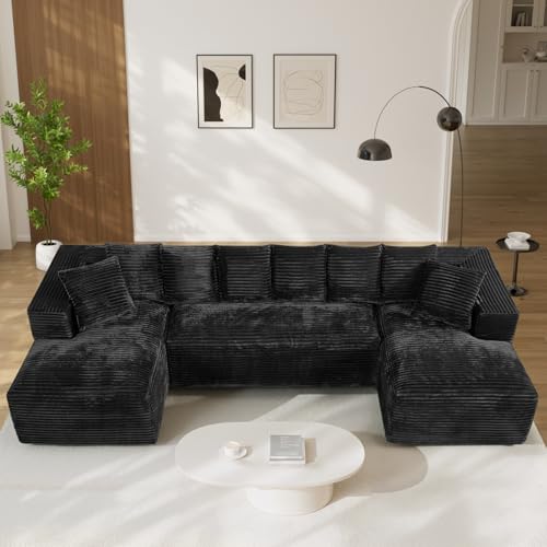 Image of 131 inch Oversized U Shaped Cloud Sectional Couches for Living Room, Comfy Fluffy Corduroy Black Boneless Sectionals Couch, Plush Memory Foam Modular Sectional Sofa with Chaise- 19 inch Seat Height
