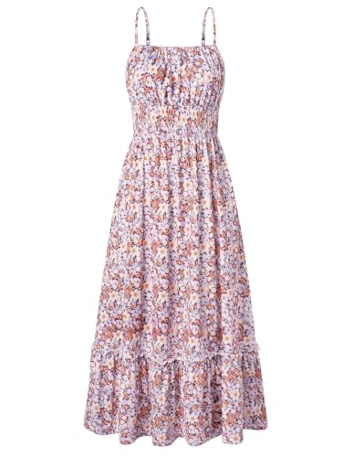 Image of GRACE KARIN Summer Dresses for Women 2026 Vacation,Smocked Floral Maxi Dresses,Boho Beach Long Sundress Purple Floral S