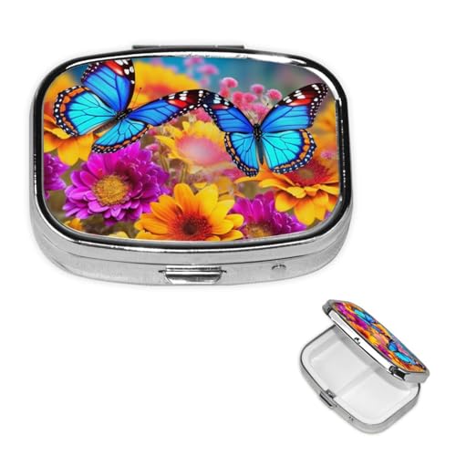 小さなピルケース 2つのコンパートメント、カラフルな蝶の花のピルボックス 毎日の金属製ポータブルピルオーガナイザー ポケットパース 旅行ピルボックス ミラー付き スクエア 薬 ビタミンホルダー ユニークなギフト