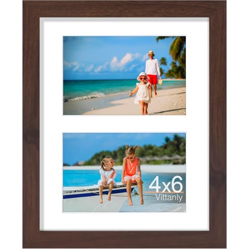 Vittanly 8x10 Collage Picture Frame, Displays 2Pcs 4x6 Pictures with Mat, Photo Frame for Wall Mounting or Table Top with Stand, Brown, 1 Pack Deal