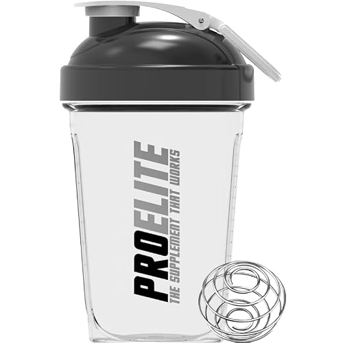 PROELITE 500ml Protein Shaker Bottle with Transparent Shaker Bottle with Stainless Steel Mixing Ball, BPA- and Leakproof Flip On Lid, Odourless, Temperature Safe (Transparent Cup/Black Lid, 500ml)