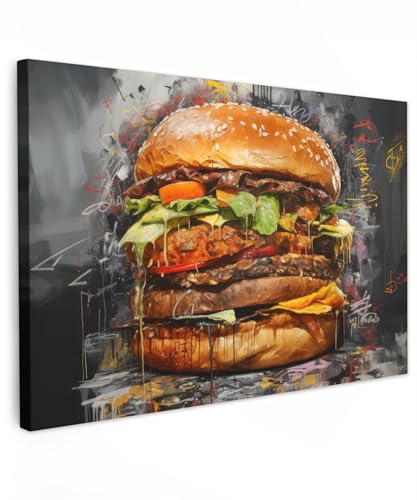 MuchoWow© Impressions sur Toile 120x80 cm Deco Tableau Murale Decoration Salon Peinture Tableaux Chambre Toiles Maison Burger - Nourriture - Art - Gris -...