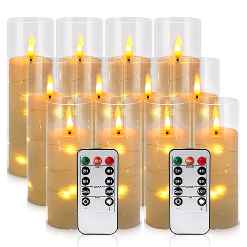 Image of Pack of 12 Ivory Flickering Flameless Candles (D2.2 X H 5 inch 6 inch 7 inch) Battery Operated with Remote, White LED Pillar Candles with Realistic Moving Wick for Halloween, Christmas, Home Decor & Wedding.