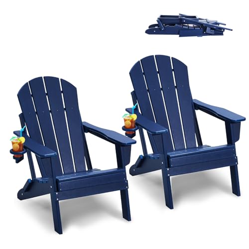 VEVOR Chaise Adirondack Plastique, Lot de 2, Fauteuil Jardin Pliant Portable, Charge 181,4 kg, avec Porte-Gobelet, Accoudoir Relaxant, pour Toutes Saisons, Extérieur, Patio, Arrière-Cour, Bleu Marine