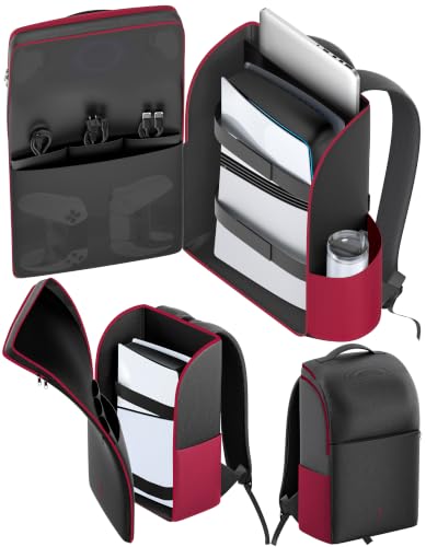 LVVIL Backpack for P5/ Slim/ Pro Console, Fully Zip-Open P5 Carrying Case Travel Bag, Large Capacity P 5 Storage Bag for Dual Controllers,P S Portal, Laptop, Game Cards, with 3 Cable Pouch, Rose Red