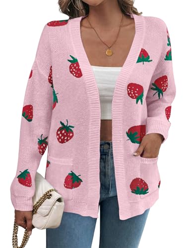 Womens Strawberry Cardigan Sweater Printed Long Sleeve Open Front Knit Cardigans with Pockets