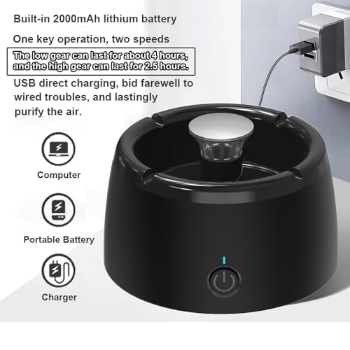 Smokeless Air Purifying Ashtray, Modern Stainless Steel, 6"L x 3"W x 6"H, 2-Speed, Portable, USB Rechargeable, Home Office