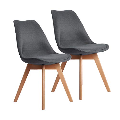 EGGREE Lot de 2 Chaises Salle à Manger Scandinaves en Lin,Chaises de Cuisine Tulip avec Rembourrée,Pieds en Bois de Hêtre Massif,Gris Foncé