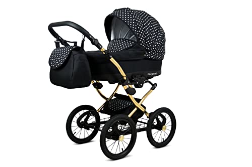 BabyLux Margaret Gold 3 in 1 Reisesystem Retro| Fussball + Auto Sessel mit Zubehör, Folie Regenschutz 14" Gepupft | Weiß Punkte