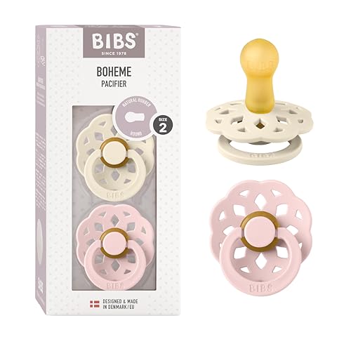Image of BIBS Pacifiers - Boheme Collection | BPA-Free Round Nipple | Nautral Rubber Latex | Made in Denmark | Set of 2 Ivory/Blossom Color Premium Soothers | Size 6-18 Months