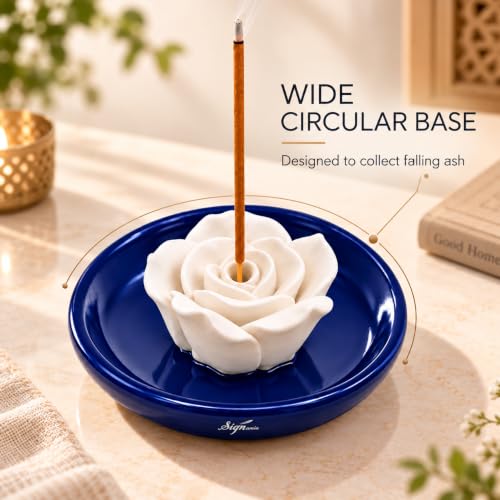 Image of SIGNAMIO Ceramic Agarbatti Incense Stick Stand Holder - Flower Blue