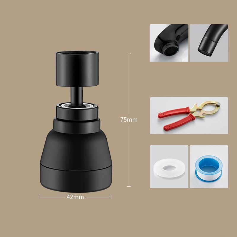 Cabezal rociador de grifo de latón negro con rotación de 360° para cocina y roscas estándar 6