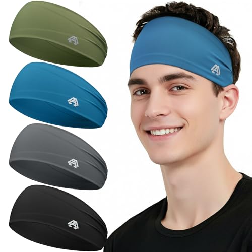 Awumbuk Cinta Pelo Deporte Diademas Hombre - 4 Piezas Absorbentes de Sudor, Elásticas y Transpirables para Running, Ciclismo y Fútbol (Verde, Gris, Azul, Negro)
