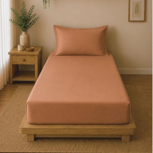 Image of Linen Home Cotton Percale Fitted Bedsheet Set Single Size Tera Clay