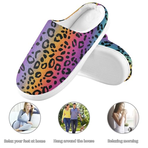 JUNZAN Rainbow Leopard Printed Womens House Cotton Slippers Non Skid Memory Foam Mens Slippers for Spa Funny Presents 6-73