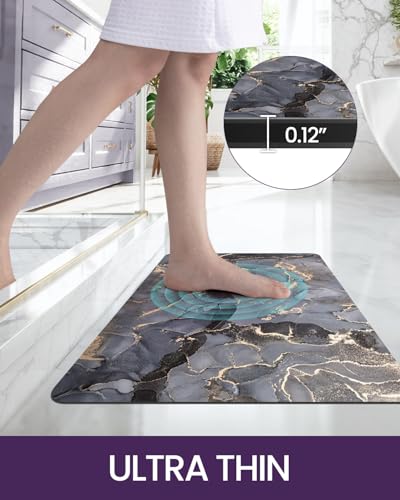DEXI Bathroom Mat Ultra Thin, Non Slip Bath Rug for Shower Floor, Absorbent Quick Dry Marble Bathmats Low Profile, 16x24, Dark Grey