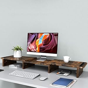 Zimilar dual monitor stand riser with adjustable length and angle wood for desk riser 2 monitors storage space rust brown large  urban country home decor
