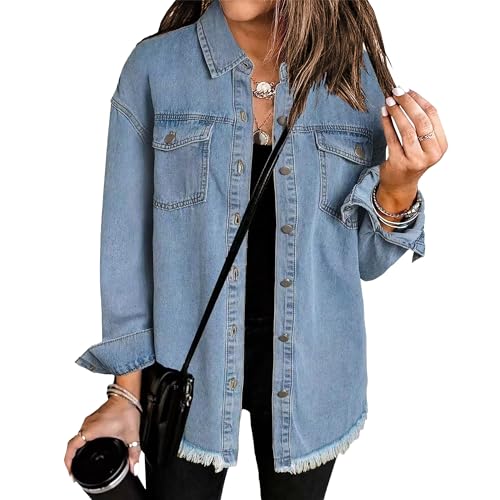 Denim Jackets for Women Trendy Oversized Button Up Frayed Hem Shacket Long Sleeve Denim Jean Jacket