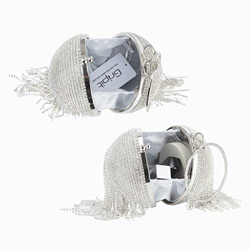 Image of Gripit Women's Evening Round Ball Tassels Bag Diamond Clutch Purse Glitter Party Wedding Handbag with Chain