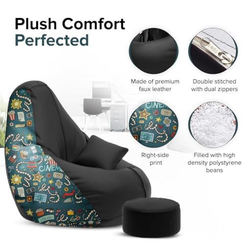 Image of Amazon Brand - Solimo 5XL Premium Faux Leather Bean Bag Combo with Footrest & Cushion, Filled with Beans | Capacity: Upto 6 Ft 7 in Height, 130 KG Weight | Cinema Love | Black